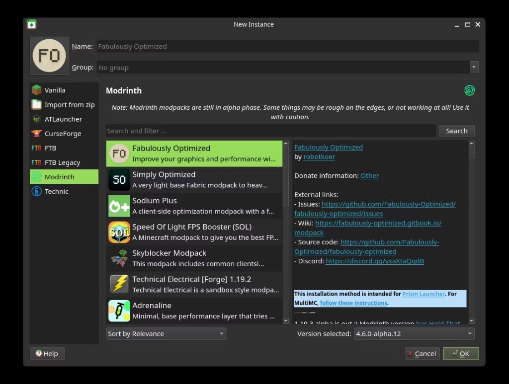 New Instance dialog browsing Modrinth modpacks with Fabulously Optimized selected
