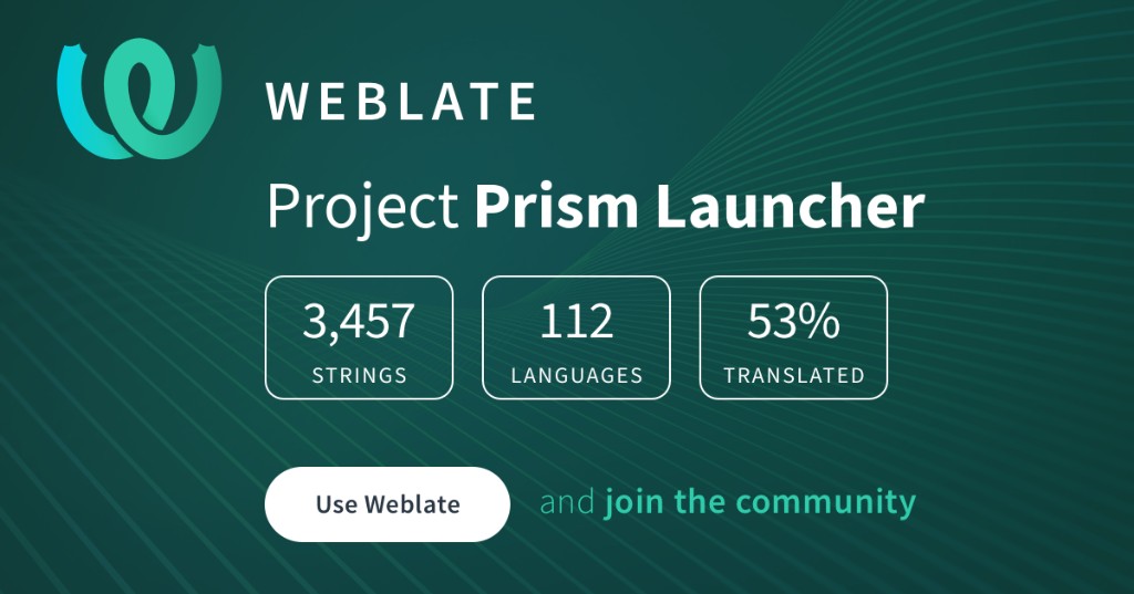 Weblate translation progress banner for the Prism Launcher project