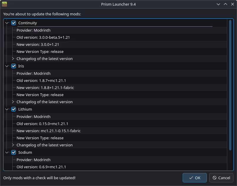 Mod update queue confirming CurseForge and Modrinth changes per instance