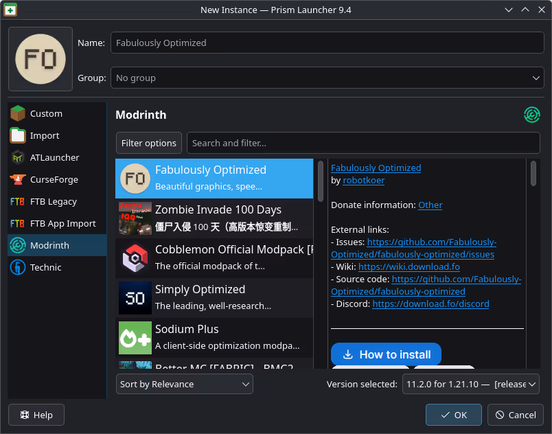 Modpack install dialog with CurseForge and Modrinth sources in Prism Launcher